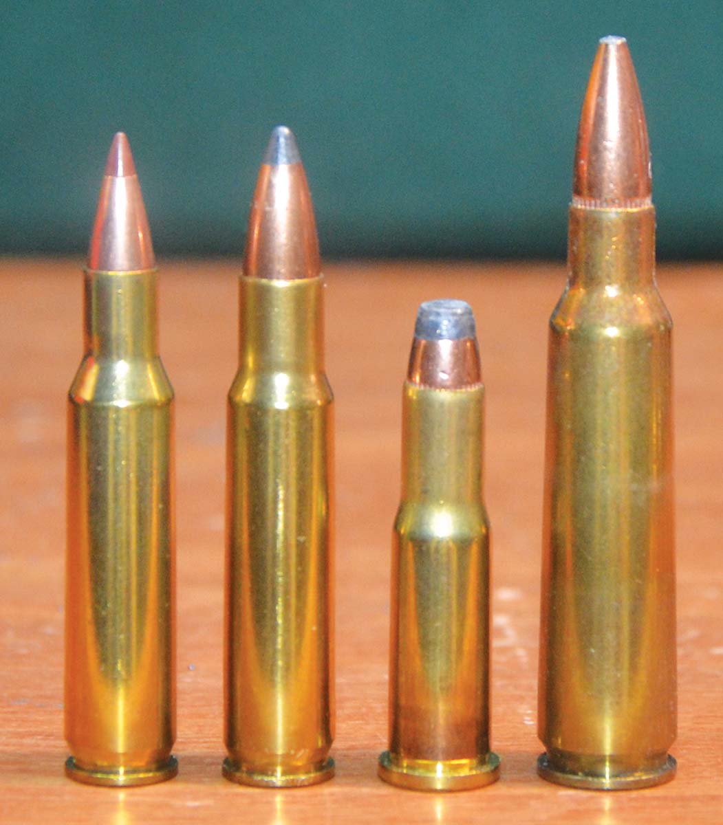 John found the 25-20 Winchester lacking so he developed the faster 25-222 Copperhead, which is the 222 Remington case necked up. Shown for size comparison is a 250 Savage cartridge (left to right): 222 Remington, 25-222 Copperhead, 25-20 Winchester and 250 Savage.